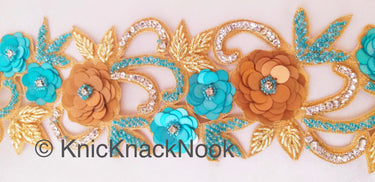 Red / Blue & Gold Hand Embroidered Zardozi Cutwork Lace Trim Beaded Trim, Sequins Rhinestones Wedding Bridal Belt Decorative